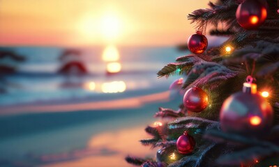Christmas tree decorated with colourful baubles and presents underneath it, stands on a beautiful sandy beach with background blur of the ocean and sky.