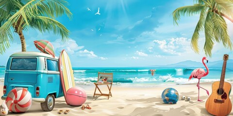 Poster - There is a beach with a blue van, a surfboard, a beach chair, a flamingo float, a ball, a guitar, and a palm tree. 