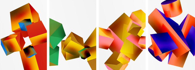 Poster - Flying 3d shapes, cubes and other geometric elements background design for wallpaper, business card, cover, poster, banner, brochure, header, website