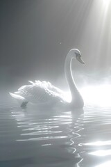 Wall Mural - Graceful Swan Gliding Through Fog-Filled Ethereal Landscape with Soft Lighting