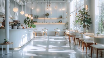 Poster - All white cafe, luxury interior design, modern and contemporary. Generative AI.