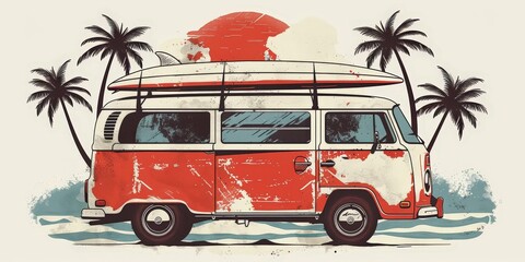 this is a drawing of a red and white van with a surfboard on the roof. there are palm trees, the sun