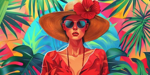 Wall Mural - This is a drawing of a woman wearing a straw hat with red flowers, sunglasses, and a red shirt against a background of palm leaves and geometric shapes in bright colors. 
