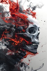 Sticker - Haunting Skeletal Entity Engulfed in Fiery Ink Flames on Dark Minimalist Background