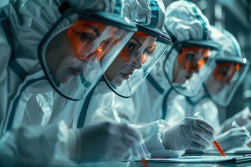 Canvas Print - Hazmat-Suited Researchers Examining Lethal Contagion Samples Under Advanced Biosafety Equipment