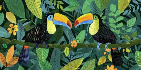 This is a drawing of two toucans sitting on a branch in a jungle setting. The toucans are black with yellow, orange, and blue feathers around their necks and green, blue, and yellow beaks. The jungle 