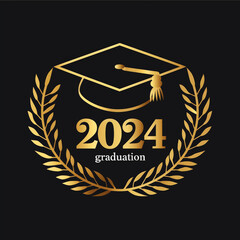 Wall Mural - Class of 2024 emblem, graduation cap with laurel wreath in gold color. Black clean background. Generative AI