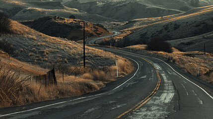 Wall Mural - Winding asphalt road through a picturesque hilly landscape at sunset