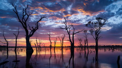 Wall Mural - Stunning sunset over a lake with silhouetted trees in Australia