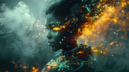 Wall Mural - Mesmerizing Neon Cyborg Woman in Dramatic Augmented Portrait with Crackling Energy and Synthetic Details