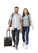© kite_rin - Beautiful happy couple full length portrait isolated transparent PNG. Young joyful smiling woman and man walking with suitcase isolated transparency. Love, travel, tourism, students concept