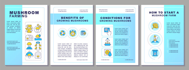 Mushroom farming blue gradient brochure template. Benefits. Leaflet design with linear icons. Editable 4 vector layouts for presentation, annual reports. Arial-Black, Myriad Pro-Regular fonts used