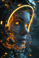 Canvas Print - Striking Neon-Infused Cyborg Portrait Shrouded in a Swirling Halo of Wires and Steam Against a Dark Backdrop