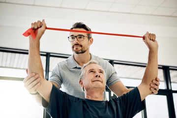 Canvas Print - Help, physiotherapy and old man with resistance band, stretching and senior care rehabilitation. Physio, caregiver and elderly patient for mobility training, exercise and healthcare in retirement.