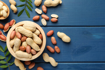 Wall Mural - Fresh peanuts and twigs on blue wooden table, flat lay. Space for text