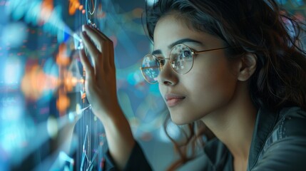 Poster - India business analysis, an Indian business woman accessing big touch screen. Generative AI.