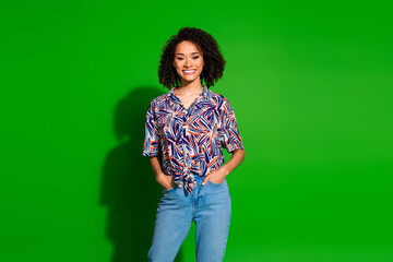 Canvas Print - Photo of girlish lovely lady dressed print shirt smiling empty space isolated green color background