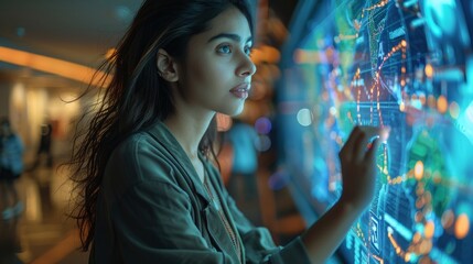 Poster - India business analysis, an Indian business woman accessing big touch screen. Generative AI.