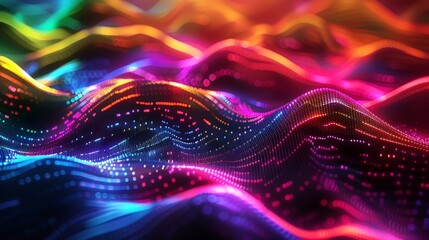 Wall Mural -  An abstract photograph of undulating neon waves in a gradient of rainbow hues, illuminating the scene with a hypnotic glow and futuristic feel.