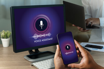 Poster - Ai Voice assistant man talking with digital assistant on computer uses easy voice messaging voice searching automation