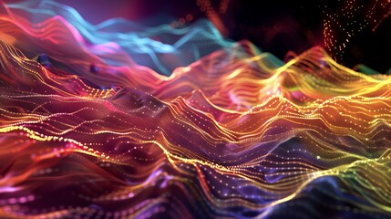 Wall Mural - mesmerizing digital background featuring undulating waveforms in bright colors, symbolizing data transmission, sound waves, or digital communication. 