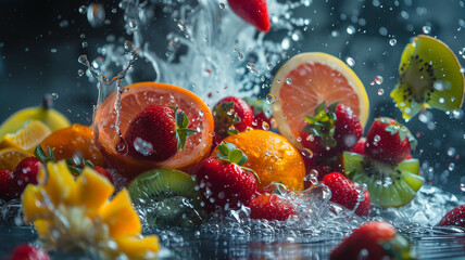 A refreshing scene of water swirling around an assortment of fresh fruits, promising a delightful burst of flavor and vitality. Ai generated