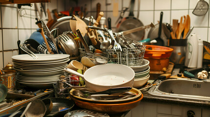 Wall Mural - Kitchen interior with utensils and utensils on shelves, dirty dishes in the kitchen sink at home,Dishwasher is loaded with dirty dishes