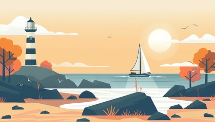 Wall Mural - Beach environment, background with simple illustrations, a calm color palette, geometric shapes