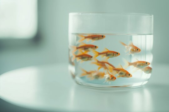 Several goldfish are swimming in a circle in a fishbowl that is sitting on a table. The fish are all orange and white and the water is clear