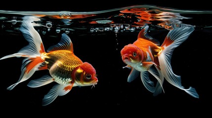 Wall Mural - Goldfish gracefully moving in the transparent aquarium water appears stunning