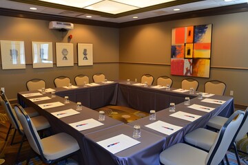 Wall Mural - A large conference room with a long table and chairs