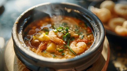 A bowl of fiery tom yum soup served in a traditional Thai ceramic bowl, with plump shrimp, straw mushrooms, and lemongrass, a spicy and aromatic delight