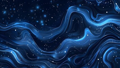 Wall Mural - abstract blue background with dots and waves of light, a starry sky, fluid abstract shapes on a dark background using dark tones of dark blue and black, glowing lights and glowing particles, fluid lin