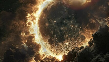 Poster - The moon satellite explodes in space, surreal landscape