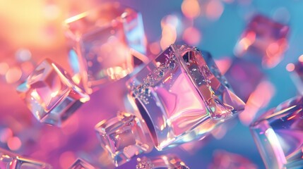 A close up of a bunch of ice cubes with a pinkish hue