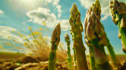 Wall Mural - Asparagus field against the blue sky on a sunny day, aesthetic industrial landscape. Agriculture. Generative AI