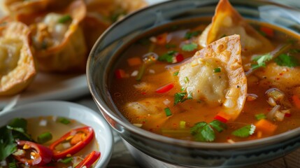 Wall Mural - A bowl of tom yum soup served with a side of crispy fried wontons, creating a delightful contrast of textures and flavors in each bite