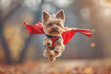 Wall Mural - Yorkshire Terrier dog wearing a red cape, flying happily in a running pose. Its two ears are raised up as it soars through the blue sky. Fluffy clouds dot the background.