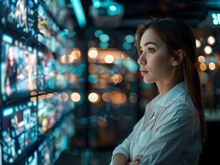 Poster - Businesswoman Presenting Live Streamed Content to Virtual Audience with Real Time Engagement in Digital Business Communication Concept