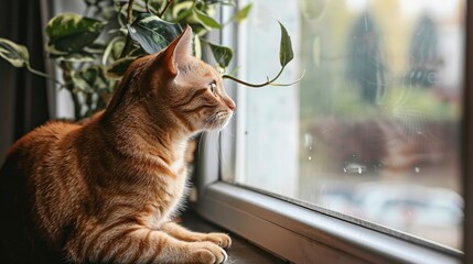 Canvas Print - cat looking out the window at home. Generative Ai