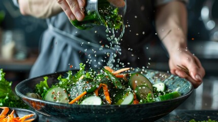 Wall Mural - A chef tossing freshly blanched wakame seaweed with sliced cucumber, shredded carrots, and rice vinegar, creating a light and crunchy salad