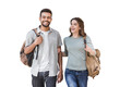 © kite_rin - Beautiful happy couple portrait isolated transparent PNG. Young joyful smiling woman and man walking isolated transparency. Love, travel, tourism, students concept