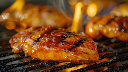 Wall Mural - A close-up of a tender chicken steak marinated in a tangy barbecue sauce, grilling on an outdoor barbecue grill, with flames licking the edges
