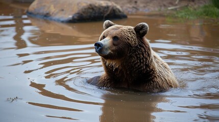 Sticker - Brown Bear in a pond of water. Generative Ai