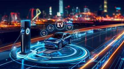 Wall Mural - A car charging at an electric vehicle surrounded by digital EV icons