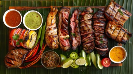 Wall Mural - A colorful array of grilled steaks including pork, fish, and chicken, served with an assortment of dipping sauces and grilled vegetables