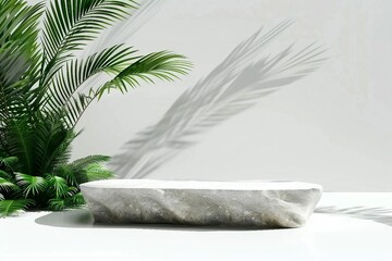 Wall Mural - White stone product display podium with nature leaves. 3D rendering. generative ai.