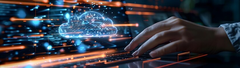 Poster - businessperson using cloud based application with data syncing across devices cloud computing concep