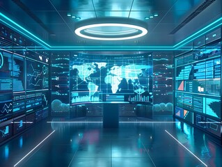 Aufkleber - High Tech Workspace with Interactive Digital Displays Showcasing Cloud Computing Metrics and Performance