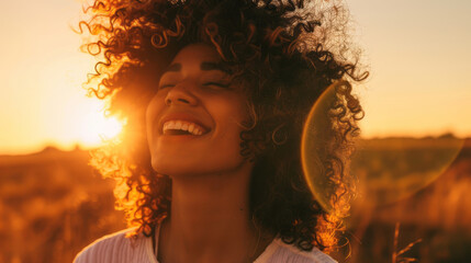 Wall Mural - Happy woman with curly hair enjoying sunset in nature